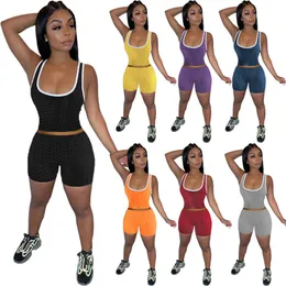 New Summer Women Tracksuits Suit Suit Tank Top Crop+Shorts Fitness Yoga مجموعة من قطعتين بالإضافة إلى الحجم 2XL ملابس ألوان صلبة بدلات رياضية أسود عرضية 4747