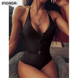 Ingaga Sexig Lace-up Baddräkt Fusion Solid Halter Badkläder Kvinnor Högskuren Baddräkt Strand Deep V Bodysuits 210611