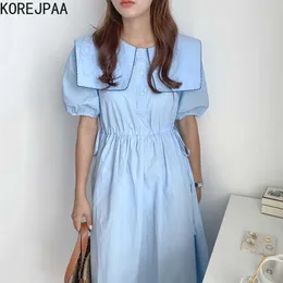 Korejpaaの女性のドレス夏の韓国の穏やかな気質ネイビーカラーシングルブレストドローストリングデザインパフスリーブVestidos 210526