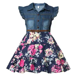 MUABABY Kids Denim Floral Dress Summer Flying Sleeve Child Slim Casual Clothes Toddler Ruffles Bow Outfits Fashion New Arrival Q0716