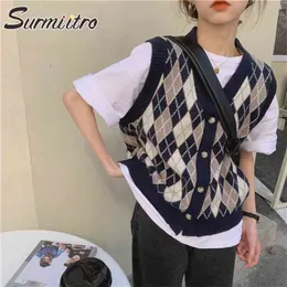 Primavera Autunno Maglione Lavorato A Maglia Maglia Delle Donne Con Scollo A V Scozzese Cardigan Senza Maniche Gilet Donna Giapponese Stile Coreano 210421