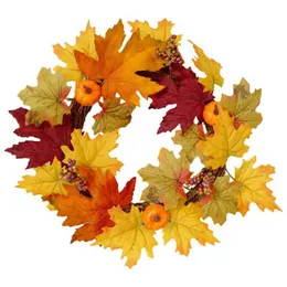 Halloween Pumpkin Decoration Wreath Red Berries Maple Leaf Fall Harvest Wreath Artificial Fall Front Door Wreath Y0831