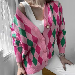 Bornsra Höst Vinter Diamant Geometrisk Lös Mid-Length Sweater Cardigan Jacket High Street Knit Kvinna Kvinna 210922
