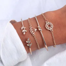 FAMSHIN 4 SZTUK / SET Moda Bohemia Liść Knot Hand Mankiet Link Charm Charm Bransoletka Bangle dla Kobiet Złoty Bransoletki Femme Jewelry X0706