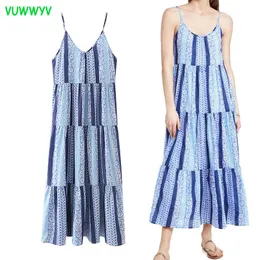 vuwwyv 블루 프린트 ruched 슬립 긴 드레스 여성 백리스 저녁 파티 드레스 여자 민소매 얇은 스트랩 Vestidos 210430