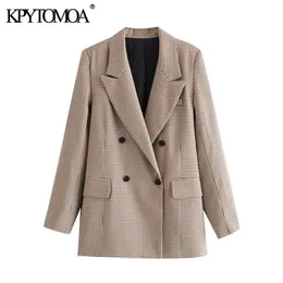 Women Fashion Double Breasted Check Blazer Coat Vintage Long Sleeve Back Vents Female Outerwear Chic Tops 210416