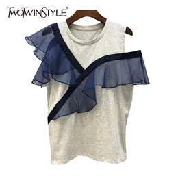 TWOWINSYLE Asymmetrical Casual Shirt For Women O Neck Short Sleeve Patchwork Ruffle Korean Shirts Female Summer Style 210524