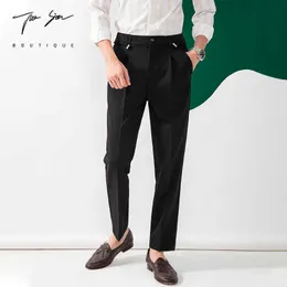 Elastyczna Talia Mężczyźni Spodnie Casual Business Dress Spodnie Slim Fit Fit Office Social Wedding Garnitur Spodnie Mężczyźni Streetwear Spodnie Czarny Szary 210527
