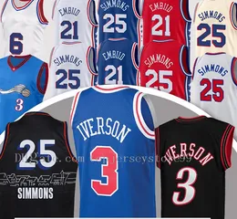 2021 Billiga Joel 21 Emiid Allen 3 Iverson Mäns Basket Jersey Retro Jerseys Ben 25 Simmons Camisetas de Baloncesto Basketballtröjor Partihandel