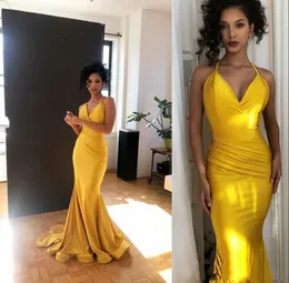 2021 Sexy Yellow Evening Dresses With Pleats Spaghetti floor Length custom Made Long Prom dresses Backless Special Occasion Dresses