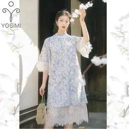 Yosimi Summer Women Dress Blue Lace Mid-Calf Half Sleeve Midi Straight Chinese Style Evening Party Cheongsam Elegant 210604