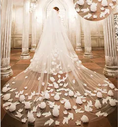 Wedding Veil 1 Tier Long Cathedral 3D Floral Appliques Utsökt Eleganta Bröllopslöjor För Brud med Kam