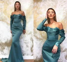 Elegant Satin Mermaid Evening Dresses 2021 Arabic Aso Ebi Off the Shoulder Long Sleeved Formal Party Dress Ruched Simle Prom Gowns Special Occasion Dress AL9142
