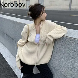 Korobov Långärmad Turtleneck Sweater Koreansk broderi Kvinnlig super Mujer Streetwear Zipper Outwear Knitwear Topp 211011