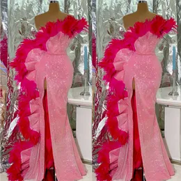 Glitter Mermaid Prom Dresses Unique Designers Feather Evening Gowns Side Split Party Club Wear robe de soiree