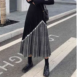 Zawfl冬の女性のファッション千鳥格子のミディスカート女性の高腰プリーツニット厚い黒の暖かいスカート210629