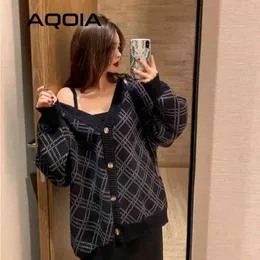 Korea Style Argyle Women Sweaters Loose Button Black Knit Woman Cardigans Sweater Winter Fashion Warm Female Coat Clothing 210521