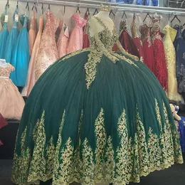 Vestidos De 15 Años Dark Green 2022 Quinceanera Dresses With Appliqued Lace Charro Mexican Ball Gown Sweet 16 Dress