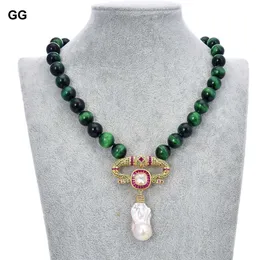 GuaiGuai Jewelry 18" 12mm Green Tiger Eye Necklace White Keshi Pearl Cz Pendant