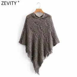 Kvinnor Mode Hocheted Stickad Jacquard Sjal Sweater Kvinna Hem Tassel Dekoration Pullovers Chic Hollow Cloak Tops S530 210420