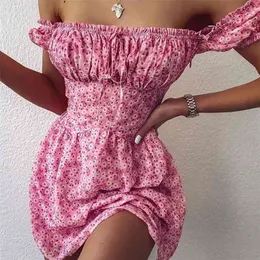 Vintage Beach Ruffles dres Summer Women's Sexy off-Shoulder Printed Bow A-Line mini Dress female vestidos 210623