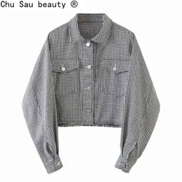 Autumn Vintage Houndstooth Single-Breasted Short Jacket All-Match Loose Thin Women Casual Fashion 210514