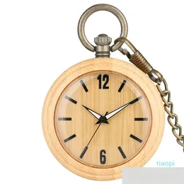 Natural Bamboo Wood Quartz Pocket Watch For Gift Brown Black Sandalwood Wood Bronze Color Fob Chain Watches Wood Clock grossist
