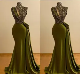 Olive Green Evening Kleider Afrika Plus Größe Meerjungfrau Sparke Pailletten Hochhals Sweep -Zug Satin Prom Party Kleid formelle OCN Wear Vestidos 2022 Dessinger