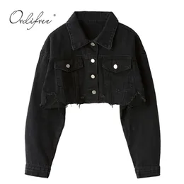 Ordifree Autumn Women Denim Jacket Fashion Streetwear Casual Loose Outwear Black Short Ripped Jeans Coat Cotton 211014