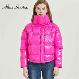 Зимняя глянцевая куртка для женщин розовая красная парка женский хлеб вниз с хлопчатобумажной мягкой блестящей waterprooft пальто 210910