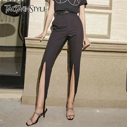 Twotwinstyle Siyah Sıska Rahat Pantolon Kadınlar Için Yüksek Bel Yan Bölünmüş Katı Pantolon Kadın Yaz Giyim Moda Stil 210915