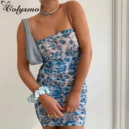 Colysmo Verão Malha Mini Dress Mulheres Spaghetti Correias Ruched Bodycon Club Club Vestidos Blue Floral Print Beach Vestidos 210527