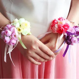 Decorative Flowers & Wreaths 10pcs/lot Artificial Ribbon Corsages Silk Rose Marriage Wrist Bridesmaid Wedding Decoration Accessories Flower