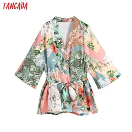 Tangada Women Floral Print Kimono Blouses Fashion with Belt Vintage Three Quarter Sleeve Female Shirts Chic Top BE82 210609