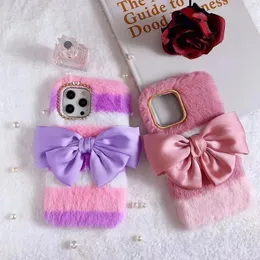 Bow Bowknot Stripes Fluffy Fur Soft TPU Cases For Iphone 15 14 13 Pro Max 12 11 XR XS X 8 7 Plus Animal Bling Diamond Rabbit Hair Phone Cover Cute Lovely Fashion Luxury Skin