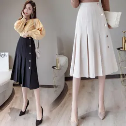 Skirts High Waist A-line Skirt For Women 2021 Spring Mid-Length Pleated Black And White Fashion Single-Breaste Female Aq142