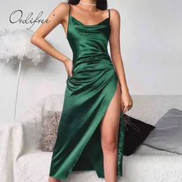 Summer Vintage Women Sexy Party Club Wear Spaghetti Strap Silk Green Long Satin Slip Dress 210415