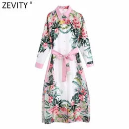 Zevity المرأة خمر موقف الأزهار طباعة رداء ميدي اللباس الإناث طويلة الأكمام القوس الزنانير vestido شيك الرجعية الملابس DS8359 210806