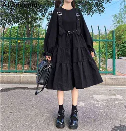 日本の原宿の女性の黒いMidi Dressゴシックパンクスタイルのサスペンダー包帯ドレスヴィンテージフリルロングバギーコスプレコスチュームG1214
