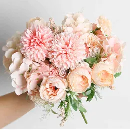 32 in bouquet di fiori artificiali in seta di peonia rosa 9 teste e quattro bottoni falsi economici per la decorazione di matrimoni interni a casa