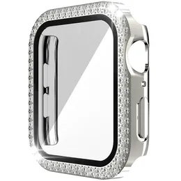 Obudowa zegarka ze szkła hartowanego Pokrywa dla Apple iWatch Ochronna osłona ekranu Protector Shell Pc Podwójny diament Rhinestone Odpowiednia okładka 40mm 42mm 44mm 41mm 45mm 49mm