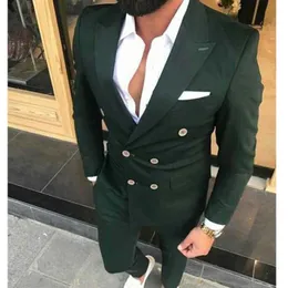 Dark Green Double Breasted Casual Suits for Men with Peaked Lapel 2 Piece Slim fit Wedding Groom Tuxedo Man Fashion Clothes X0909