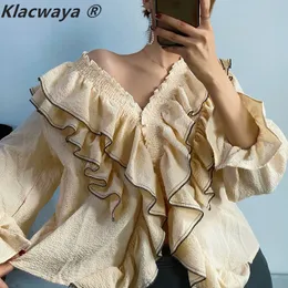 Gömlek Bluz Kadınlar Uzun Kollu Üst V Yaka Bir Omuz Fırfır Chic Blusas Elegante Vintage Chemise Sarı Femme de Verano 210521