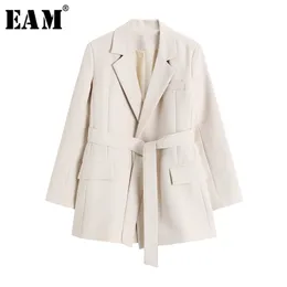 [EAM] Kadın Kayısı Kısa Bandaj Eğlence Blazer Yaka Uzun Kollu Gevşek Fit Ceket Moda İlkbahar Sonbahar 1x791 211019