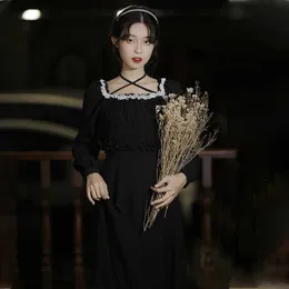 Francuski Vintage Goth Dress Black Square Collar Kobiety Z Długim Rękawem Wróżka Wiosna Wzburzyć Projektant Lady Japoński Sexy 210604