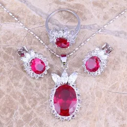 Earrings & Necklace Awesome Red Cubic Zirconia White CZ Silver Plated Jewelry Sets Pendant Ring Size 5 / 6 7 8 9 10 11 12 S0416