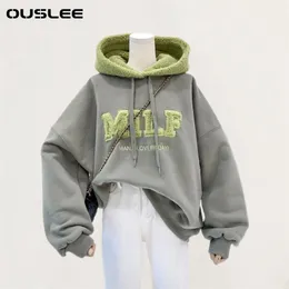 OUSLEE Fashion Patchwork Oversize Sweatshirt Women Winter Casual Loose Cotton Thick Letter Long Sleeve Hoodies Female Streetwear 210813