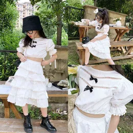 Gooporson Summer Fashion Kids Clothes Bow Tie Backless Shirt&lace Cake Skirt Little Girls Party Clothing Set Children Outfits G220310