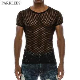 Men's Mesh See-through Fishnet T Shirt Fashion Sexy Short Sleeve Nightclub Wear T-shirt Men Party Perform Streetwear Tops 210706