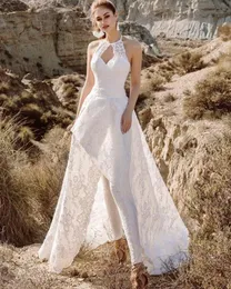 Sexy Fashionable Halter Lace A Line Jumpsuits Wedding Dress Bridal Gowns With Train Cut-Out Backless Bride Dresses For Women Pantsuits Vestido De Novia